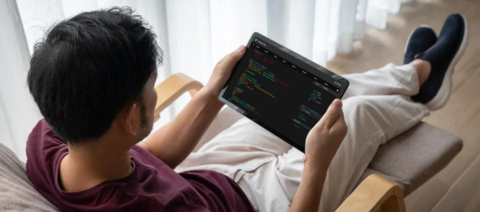 Software development programming on computer screen for modish application 스톡 사진