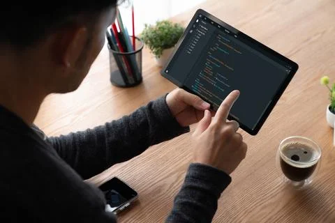 Software development programming on computer screen for modish application Stock-Fotos
