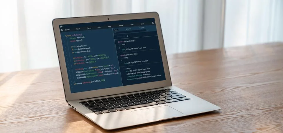 Software development programming on computer screen for modish application 库存照片