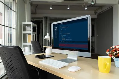 Software development programming on computer screen for modish application Stock Photos