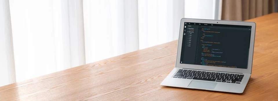 Software development programming on computer screen for modish application Stock Photos