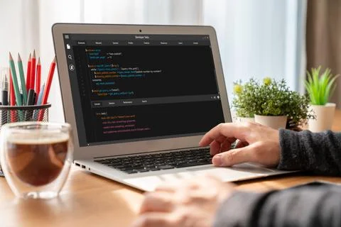 Software development programming on computer screen for modish application Foto stock