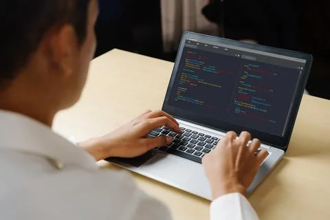 Software development programming on computer screen for modish application Stock Photos