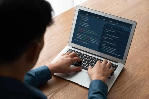 Software development programming on computer screen for modish application Stock Photos