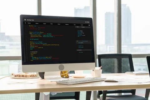 Software development programming on computer screen for modish application Stock Photos