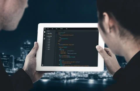 Software development programming on computer screen for modish application Stock Photos