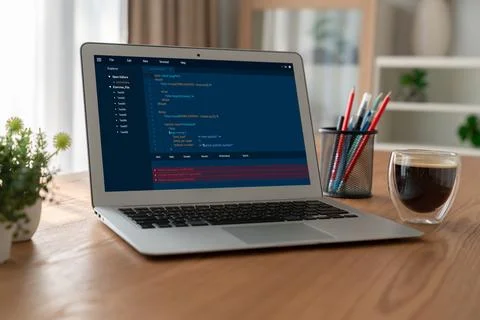Software development programming on computer screen for modish application 스톡 사진