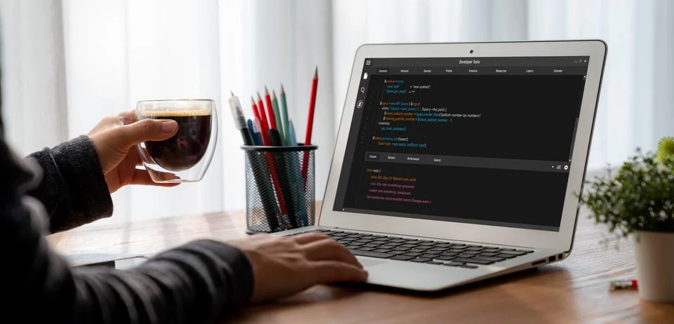 Software development programming on computer screen for modish application Fotos de archivo