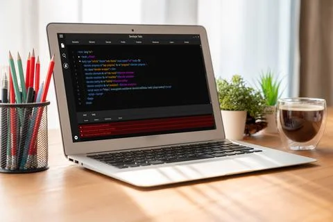Software development programming on computer screen for modish application 库存照片