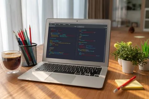Software development programming on computer screen for modish application Stock Photos