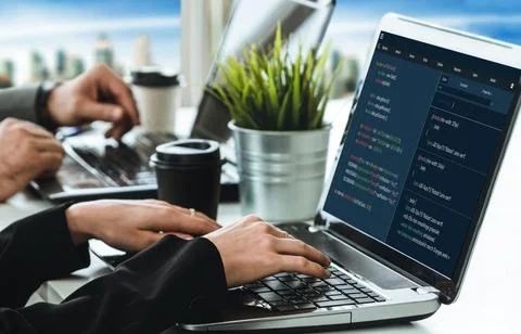 Software development programming on computer screen for modish application Stock Photos