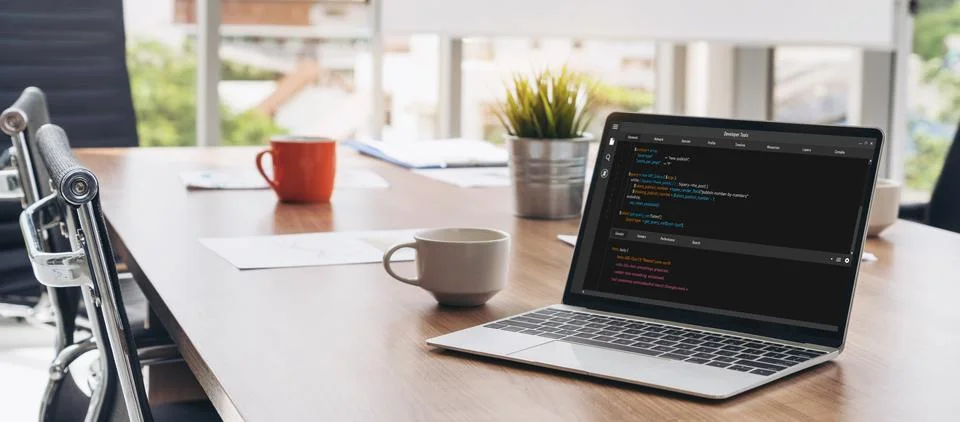 Software development programming on computer screen for modish application Stockfoto's