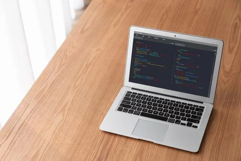 Software development programming on computer screen for modish application 库存照片