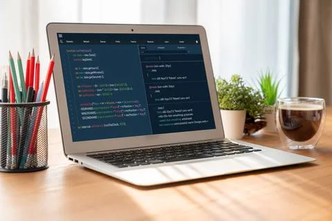 Software development programming on computer screen for modish application 스톡 사진