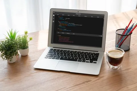 Software development programming on computer screen for modish application Stock Photos