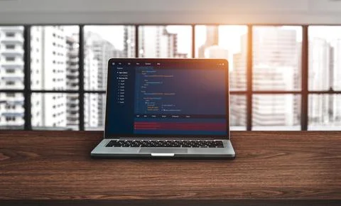 Software development programming on computer screen for modish application 库存照片