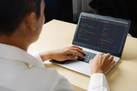 Software development programming on computer screen for modish application Stock Photos