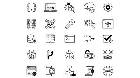 Software development programming icons collection line art set Stock Illustration