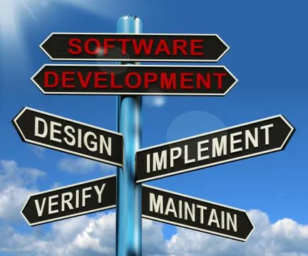 Software development pyramid showing design implement maintain and verify Stock Illustration