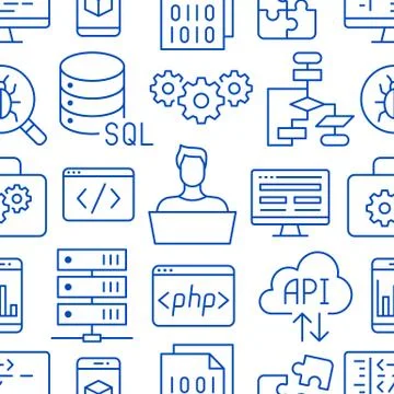 Software development seamless pattern with flat line icons. Programming language Stock Illustration