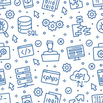 Software development seamless pattern with flat line icons. Programming language Stock Illustration