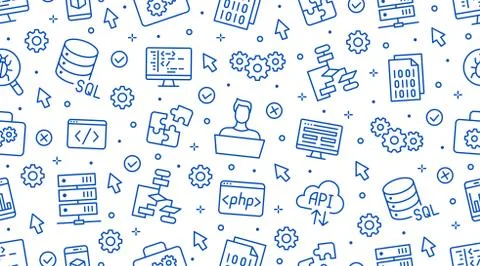 Software development seamless pattern with flat line icons. Programming language Stock Illustration