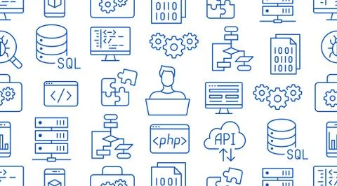 Software development seamless pattern with flat line icons. Programming language Stock Illustration