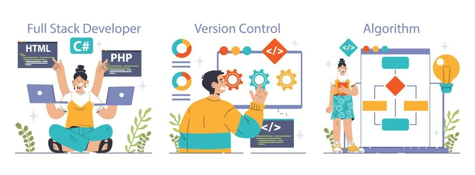 Software development set. Coding, back-end and front-end engineering Stock Illustration