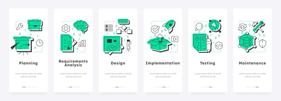 Software development stages mobile app onboarding screens Stock Illustration