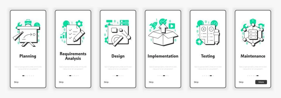 Software development stages mobile onboarding screen Stock Illustration