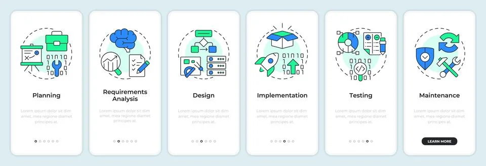 Software development stages onboarding mobile app screen Stock Illustration