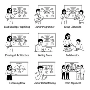 Software development team collaboration illustration set, programmers worki.. 스톡 일러스트
