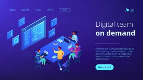 Software development team isometric 3D landing page. Illustrazione stock