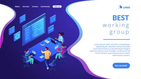 Software development team isometric 3D landing page. Illustrazione stock