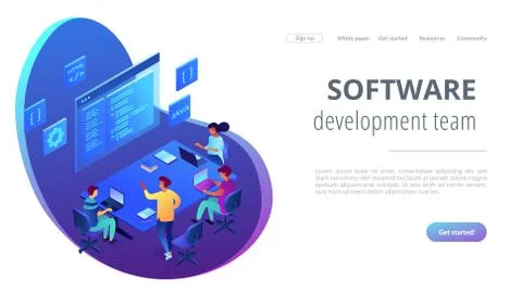 Software development team isometric 3D landing page. Illustrazione stock