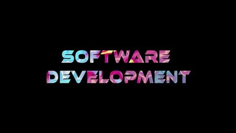 Software Development text on black background. Multicolored glossy technolo.. Illustrazione stock