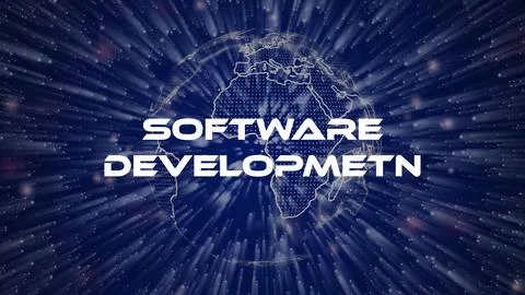 Software Development text concept on si-fi particles background. Dot partic.. Illustrazione stock