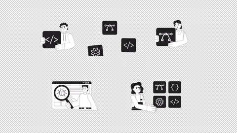 Software development tools and debugging black and white line animations Vídeo Stock 347072228