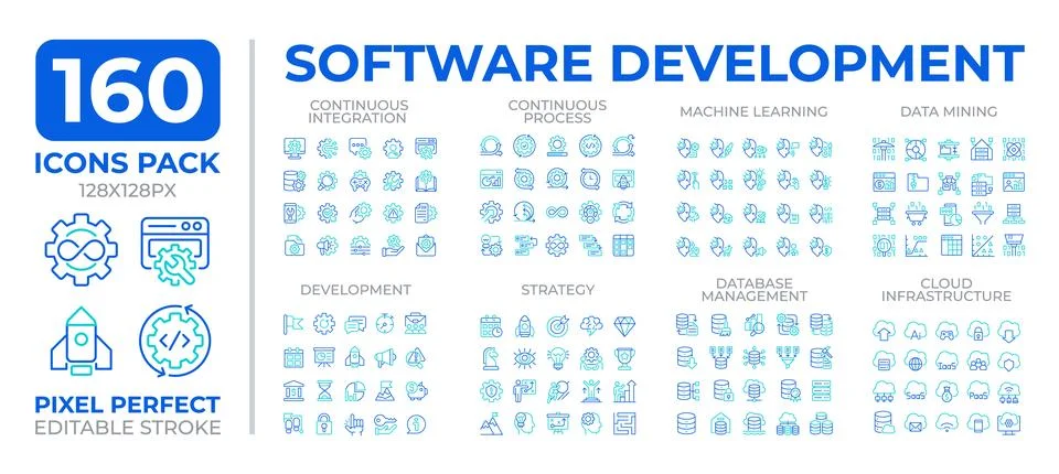 Software development two color line icons set collection Illustrazione stock