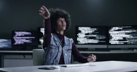 Software development, virtual screen and woman coding machine learning AI, cloud Stock Footage 260827216