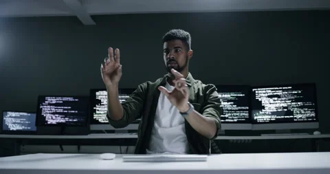 Software development, virtual screen and man coding machine learning AI, cloud Stock Footage 260831762