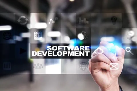 Software development on virtual screen. Applications for business. Programming. Stock Illustration