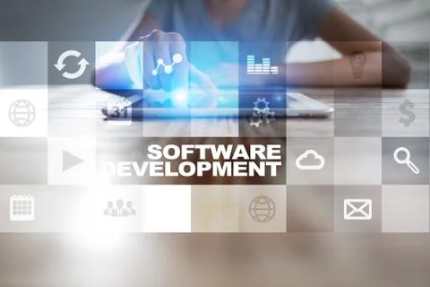 Software development on virtual screen. Applications for business. Programming. Stock Photos