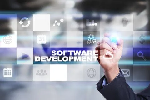Software development on virtual screen. Applications for business. Programming. Foto stock