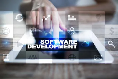 Software development on virtual screen. Applications for business. Programming. 스톡 사진