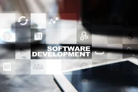 Software development on virtual screen. Applications for business. Programming. 스톡 사진