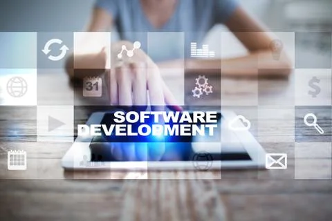 Software development on virtual screen. Applications for business. Programming. Stock Photos