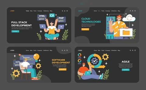 Software development web banner or landing page dark or night mode 스톡 일러스트
