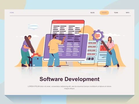 Software development web concept for landing page in flat design. Man and w.. Stockillustratie