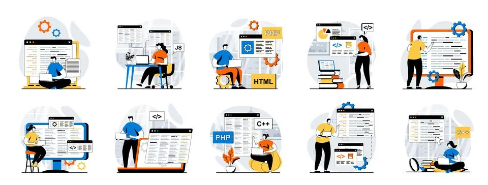 Software development web concept with people scenes mega set in flat design.  Stockillustratie